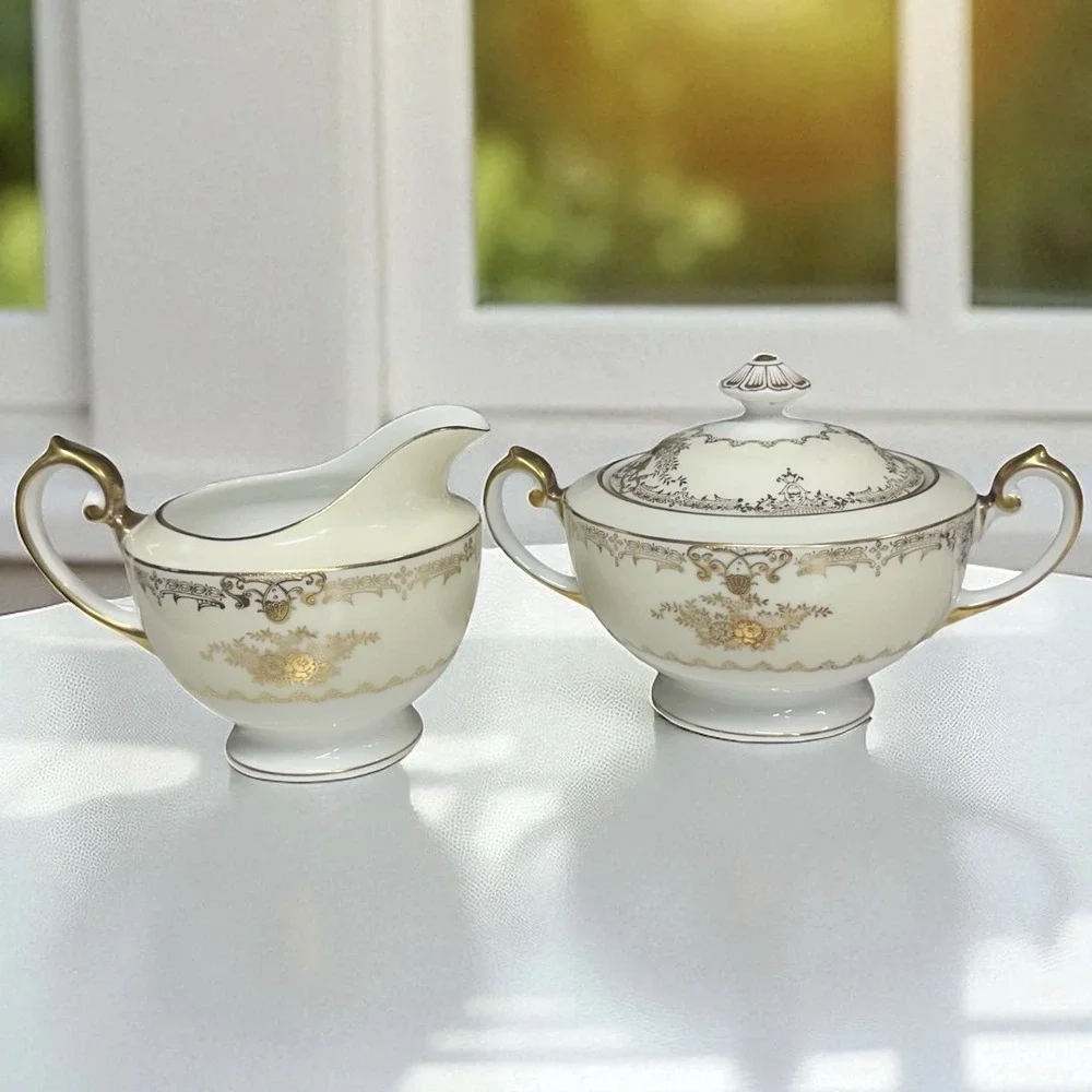 James Japanese China Meito Sugar Bowl Lid Creamer Set Augusta Older Gold‎ Trim